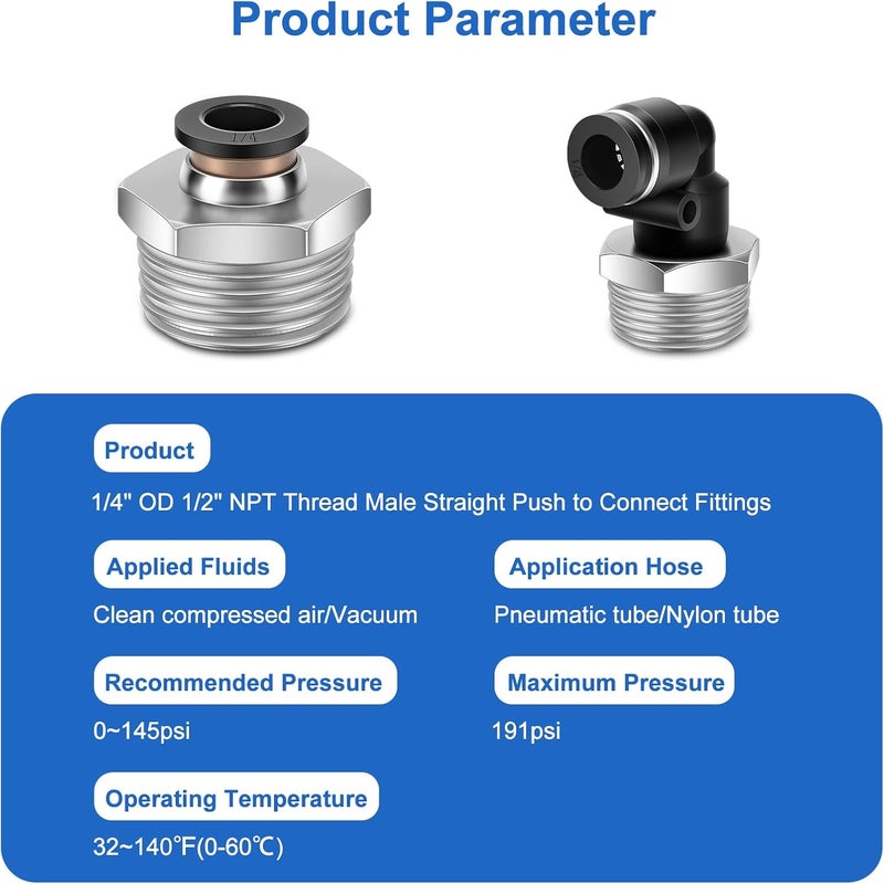 cnaodun 12 Pcs Push to Connect Fittings 1/4 Inch Tube OD x 1/2 Inch NPT Thread Pneumatic Male Straight and Elbow Quick Connect Air line fittings - Image 2